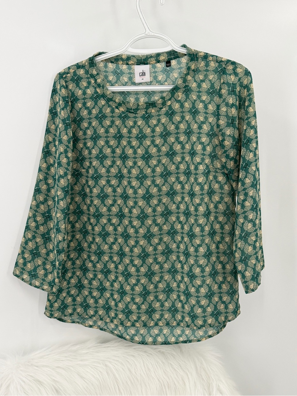 CAbi Green and Cream Floral 3/4 Sleeve Tunic, Size XSmall